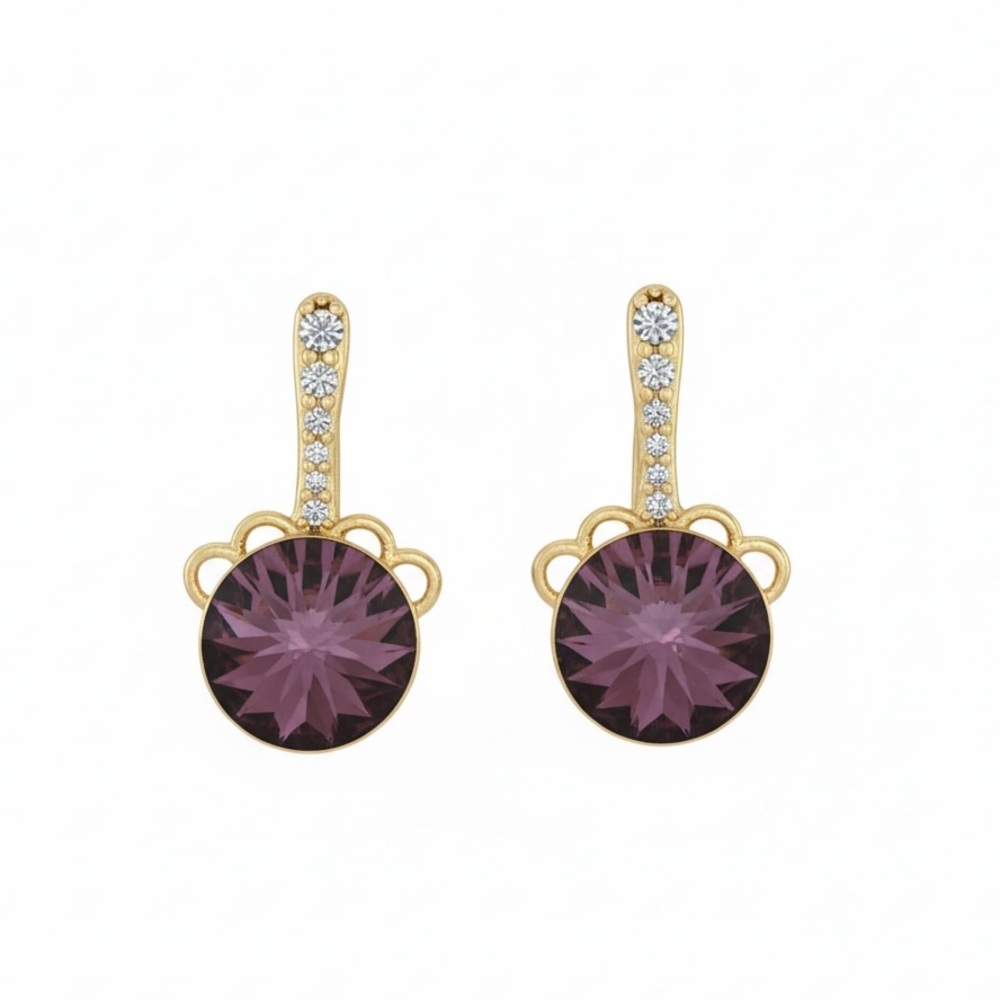14K Gold Plated Crystal & CZ Elegant Purple Drop Earrings